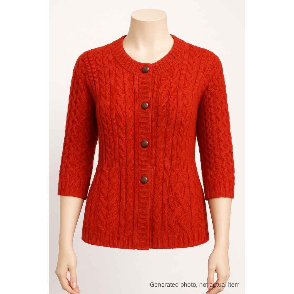 Kilronan Knitwear Merino Wool Irish Cable Knit Red Button Cardigan Large